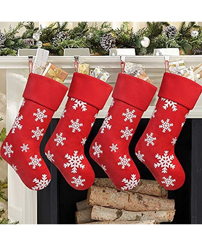 Ivenf Christmas Stockings 4 Pcs 18 inches Large Red Plush Fleece with Snowflake Printed Stockings for Family Holiday Xmas Party Decorations