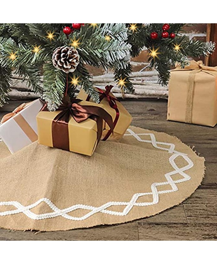 Ivenf Christmas Tree Skirt 28 inches Small Natural Burlap Jute Plain with Hand-Sewn White Lace Decor Rustic Xmas Pencil Tree Holiday Decorations