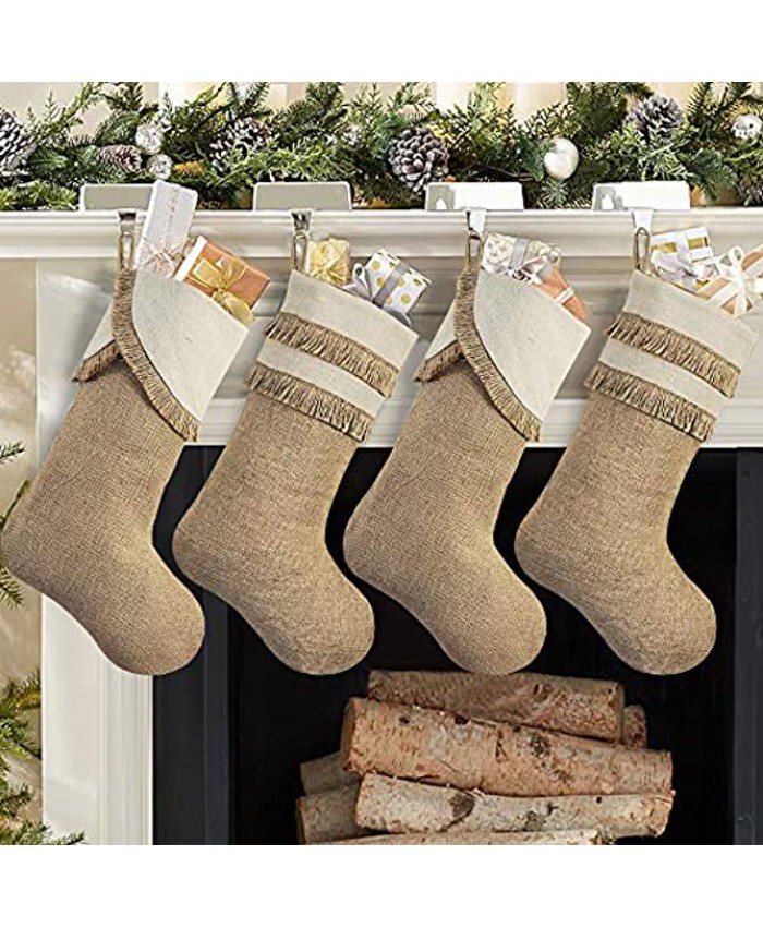 Ivenf Fringed Christmas Stockings 4 Pack 18 inches Large Original Burlap Stockings with Tassel for Family Holiday Home Decor Xmas Party Decorations
