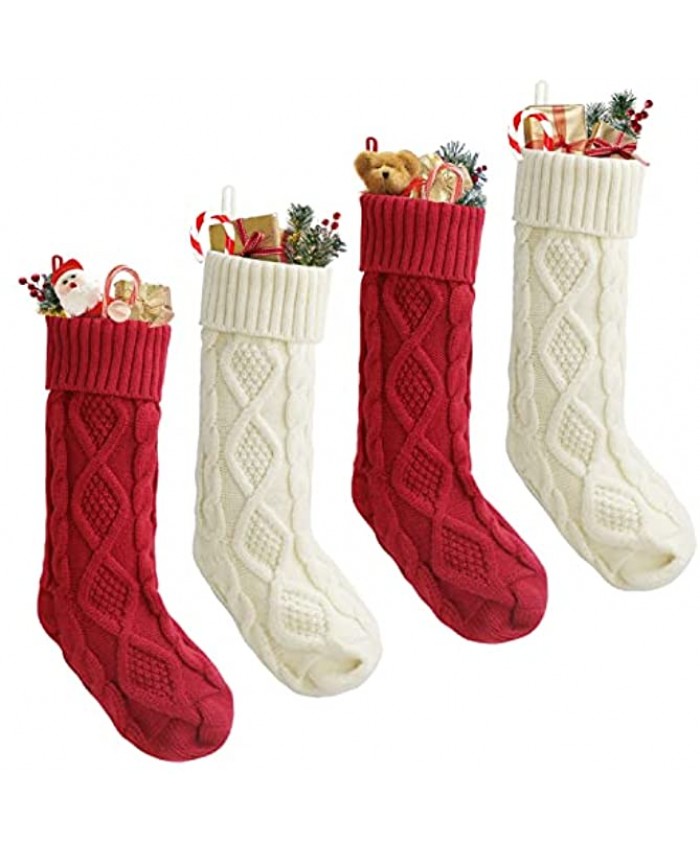 JAMIEWIN 4 Pack Christmas Stockings 18 Inches Large Size Cable Knitted Stocking Gifts for Family Kids Holiday Season Xmas Party Decorations Ivory White and Burgundy