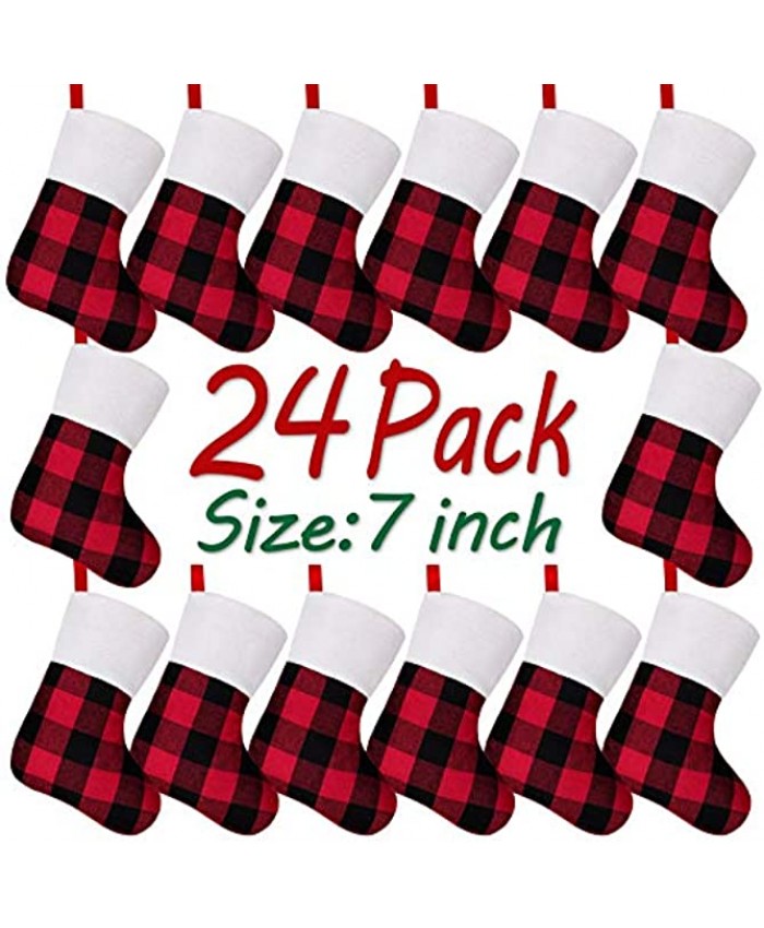 LimBridge Christmas Mini Stockings 24 Pack 7 inches Buffalo Plaid with Plush Cuff Classic Stocking Decorations for Whole Family Red and Black
