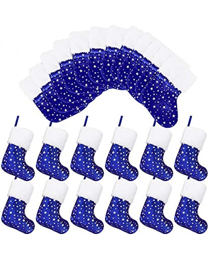 LimBridge Christmas Mini Stockings 24 Pack 7 inches Glitter Golden Star Print with Plush Cuff Classic Stocking Decorations for Whole Family Blue and Silver