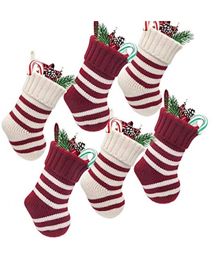 LimBridge Christmas Mini Stockings 6 Pack 9 inches Knitted Knit Stripe Rustic Holiday Decorations Goodie Bags for Family and Friends Burgundy and Cream