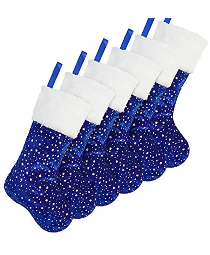 LimBridge Christmas Stockings 6 Pack 18 inches Glitter Golden Star Print with Plush Cuff Classic Stocking Decorations for Whole Family Blue and Silver