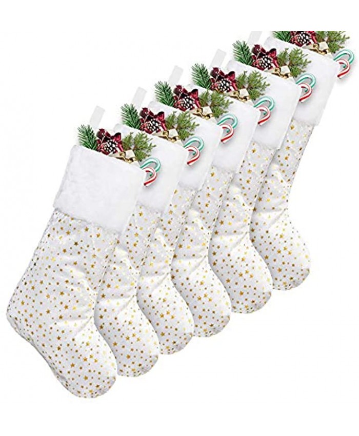 LimBridge Christmas Stockings 6 Packs 18 inches Glitter Golden Star Print with Plush Cuff Classic Stocking Decorations for Whole Family White and Golden