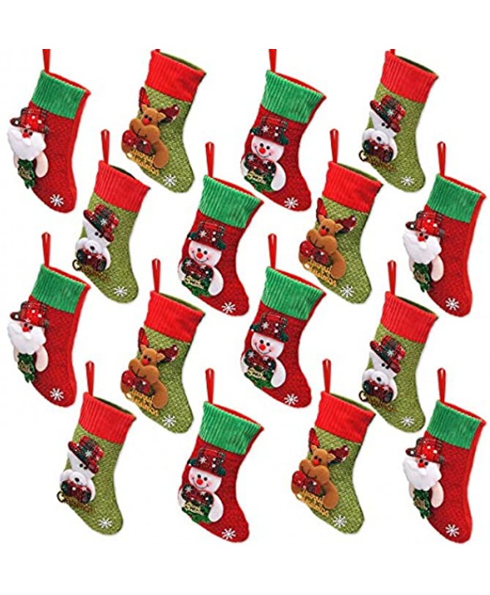 LimBridge Mini Christmas Stockings 16 Pack 8 inches 3D Kids Glitter Xmas Tree Santa Claus Snowman Reindeer Gift Card Silverware Holders Small Personalized Holiday Treat Bags