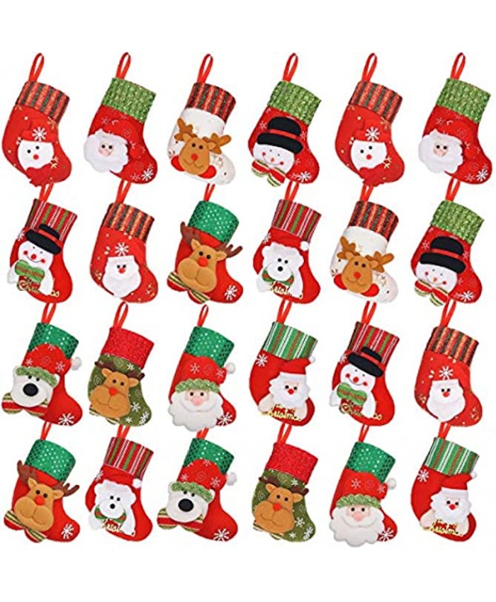 LimBridge Mini Christmas Stockings 24 Pack 6.25 inches 3D Mixed Set Gift Card Bags Holders Bulk Treats for Neighbors Coworkers Kids Cats Dogs Small Rustic Felt Red Xmas Tree Decorations Set
