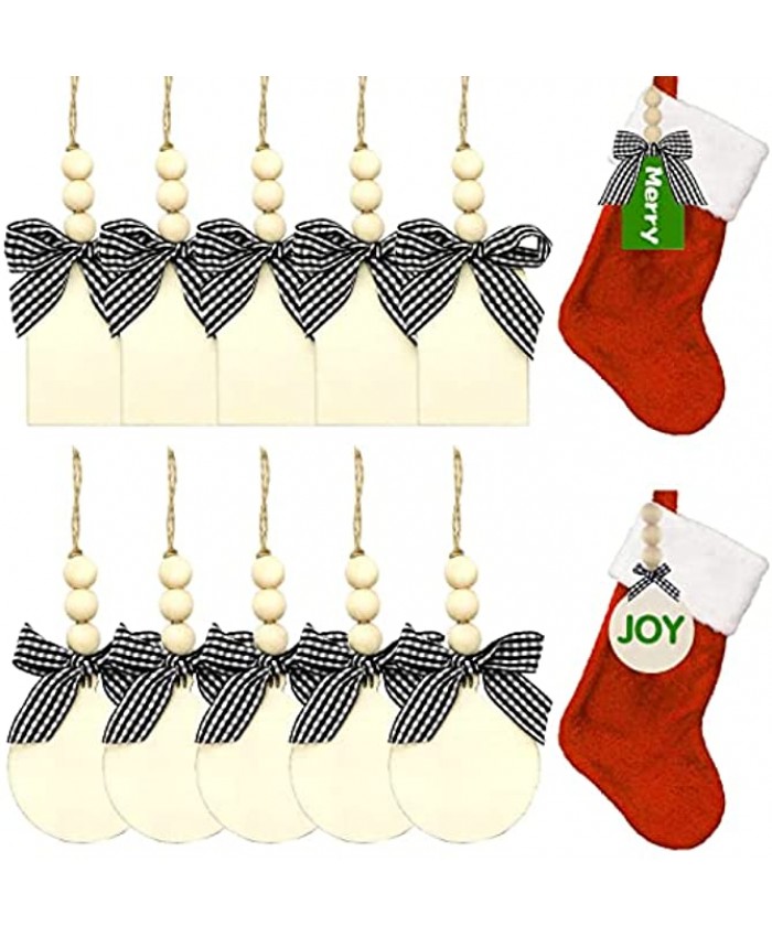 Medoore 12 Pieces Christmas Stocking Wooden Name Tag Personalized Stocking Wood Tags Xmas Stocking Hanging Tag with Wood Beads and Buffalo Check Bows for Xmas Tree Holiday Decoration