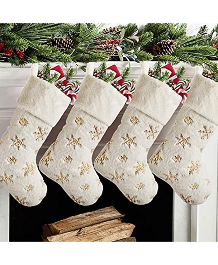 Meriwoods Christmas Stockings 4 Pack 19 Inch Large Faux Fur Xmas Stocking with Gold Sequin Snowflakes for Family Country Rustic Personalized Holiday Indoor Decorations Cream White