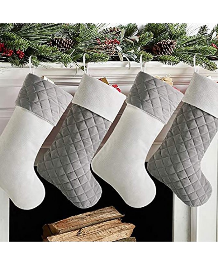Meriwoods Christmas Stockings 4 Pack 20 Inch Large Quilted Xmas Stocking for Family Country Rustic Personalized Holiday Indoor Decorations Gray & White
