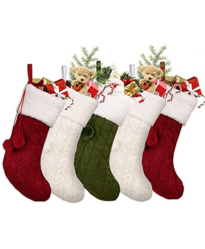 MIKODA Pack 5 16" Unique Combination of Knitted Christmas Stockings Burgundy&Green&Ivory Xmas Stockings for Fireplace Ornament Holiday Party Decoration