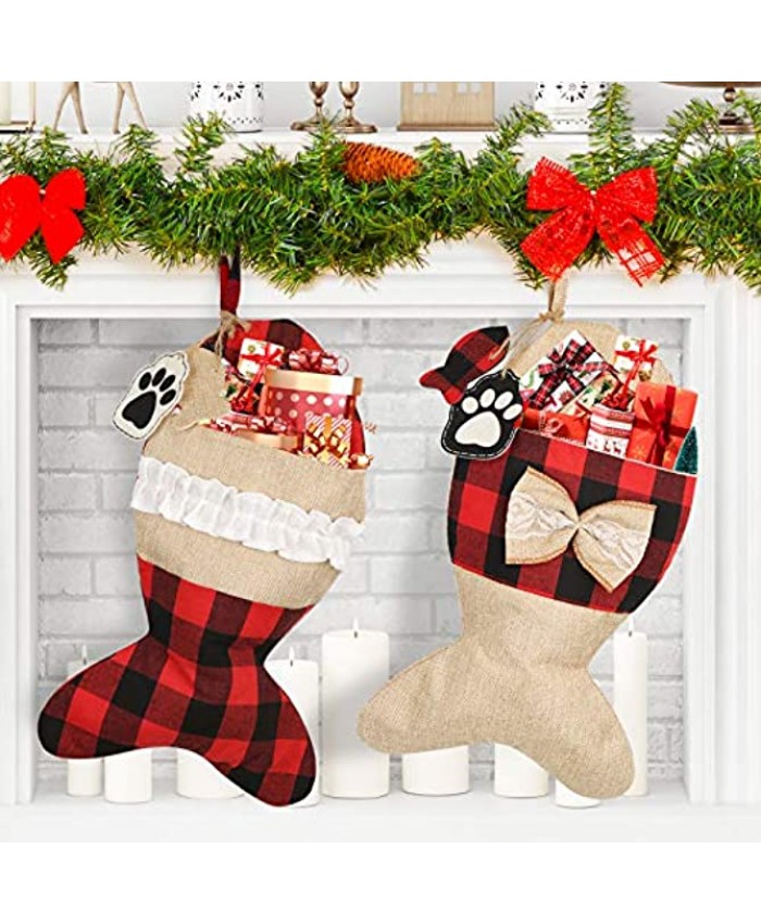 Mocoosy Pet Cat Christmas Stockings 19 Inch Large Fish Shaped Burlap Plaid Christmas Stockings Fireplace Hanging Stockings Christmas Decorations for Home Holiday Xmas Decor 2 Pack