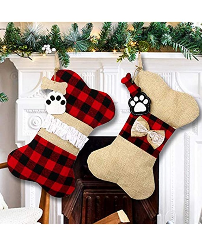 OurWarm 2pcs Pet Dog Christmas Stockings Burlap Plaid Large Bone Shape Pets Stockings Classic Hanging Stockings for Christmas Decorations