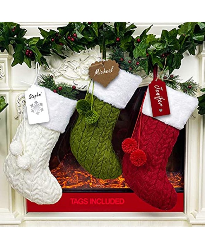 RFAQK Personalized Christmas Stockings -Set of 3 with 50 Pcs Name Tags Large Xmas Stockings for Christmas Decorations Fireplace Hangings for Family Holiday Season Farmhouse and Home Décor