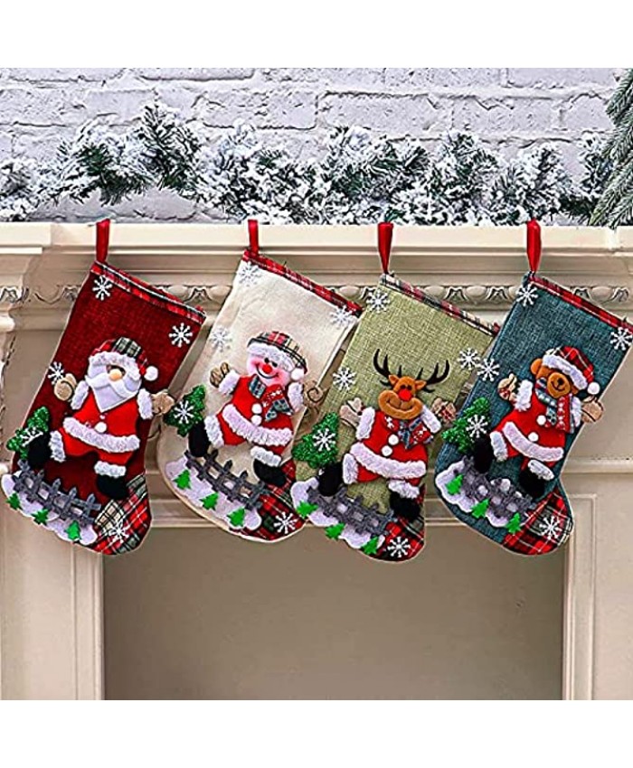 SearchI Christmas Stockings 4 Pack 12.2'' Large Size Xmas Stockings Decorations 3D Santa Snowman Reindeer Bear Xmas Character Stockings Decorations for Family Holiday Christmas Party Decoration