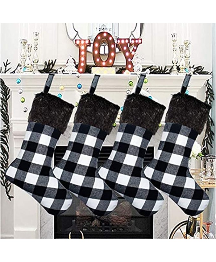 Senneny Christmas Stockings- 4 Pack 18" Black White Buffalo Plaid Christmas Stockings with Plush Faux Fur Cuff Classic Large Christmas Stockings Decorations for Family Christmas Holiday Party Decor