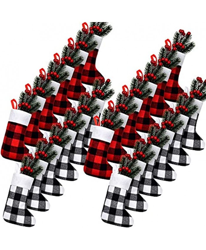 Skylety 24 Pieces Christmas Buffalo Plaid Stocking Classic Stocking Decorations Christmas Stockings with Plush Cuff for Family Christmas Holiday Party Decor Red Black and Black White
