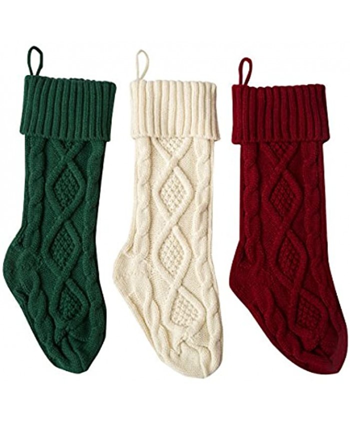 Solucky Set of 3 18'' Classic Solid Color Christmas Knit Stockings White Red and Green