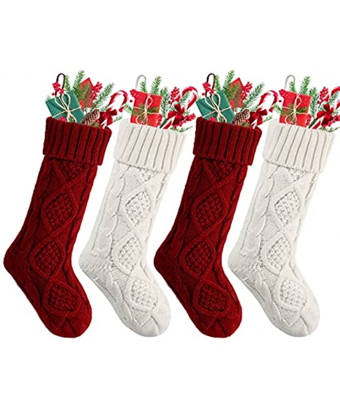 SOWSUN 4 Pack Christmas Stockings Personalized Christmas Stockings 18 inch Large Cable Soft and Warm Knitted Christmas Stockings for Family Holiday Party Decor Burgundy and Ivory White