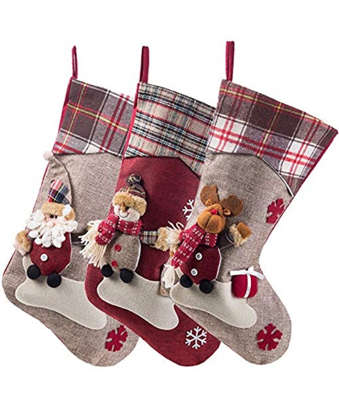 Sunnyglade 3PCS 17.5" Christmas Stocking Classic Large Stockings Santa Snowman Reindeer Xmas Character for Family Holiday Christmas Party Decorations