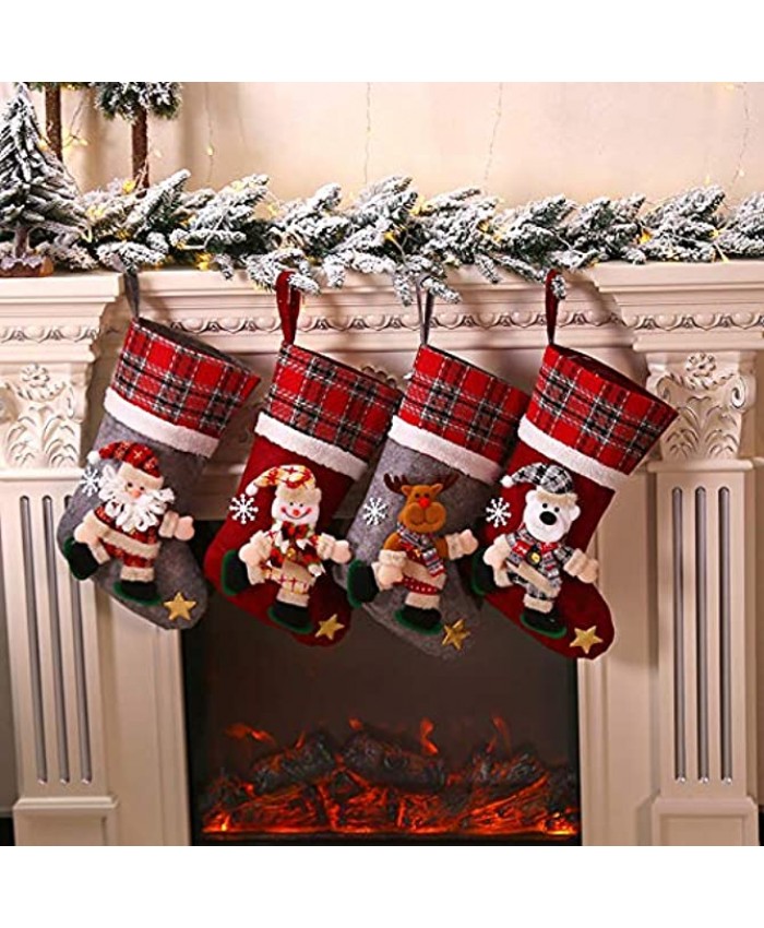 Supzone 16” Christmas Stocking 4 Pack Large Stockings Classic Buffalo Plaid Fireplace Hanging Stocking Snowflake Santa Snowman Reindeer Hanging Ornament Socks for Xmas Holiday Party Decoration