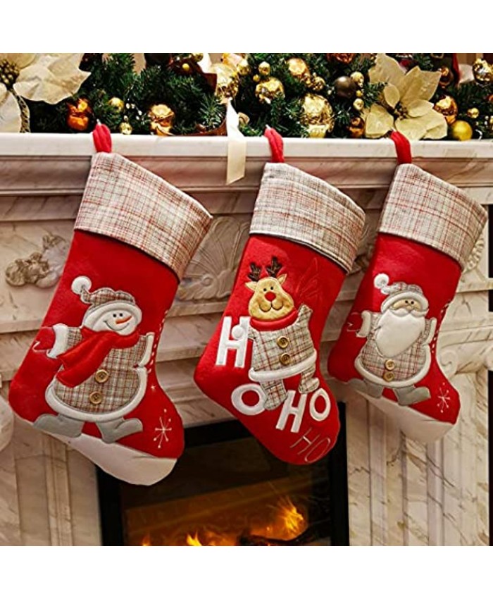 WEWILL Lovely Christmas Stockings Set of 3 Santa Snowman Reindeer Xmas Character 3D Plush Linen Hanging Tag Knit Border 1 Style4