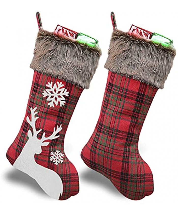 WUJOMZ Christmas Stockings 2020 18 Inches Burlap with Large Plaid Snowflake and Plush Faux Fur Cuff Stockings for Home Decor 2 Pcs Plaid Snowflake