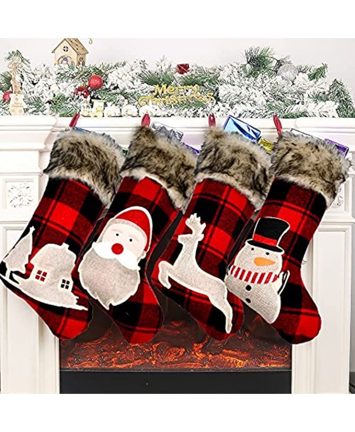 YMSZ Christmas Stockings 4 Pack 18 Inches Buffalo Burlap Plaid Christmas Stocking with Plush Faux Fur Cuff for Family Holiday Xmas Party Decorations