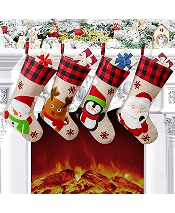 Yostyle Christmas Stockings 18" Big Stockings Set of 4 Xmas Character Santa Snowman Reindeer Penguin for Christmas Tree Home Decorations and Party Accessory
