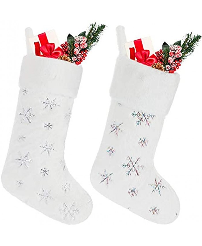 2 Pieces Christmas Stocking Faux Fur Stocking Snowflake Stocking Fireplace Hanging Stocking Christmas Stocking Gift Bags for Xmas Family Party Decoration Silver and Multicolored Snowflake