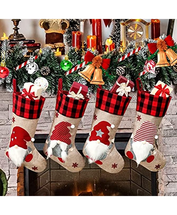Christmas Stockings 4 Pack 18" Large Xmas Stockings with Cute 3D Plush Swedish Gnome Stockings for Christmas Decorations Fireplace Hanging Family Holiday Season Decor