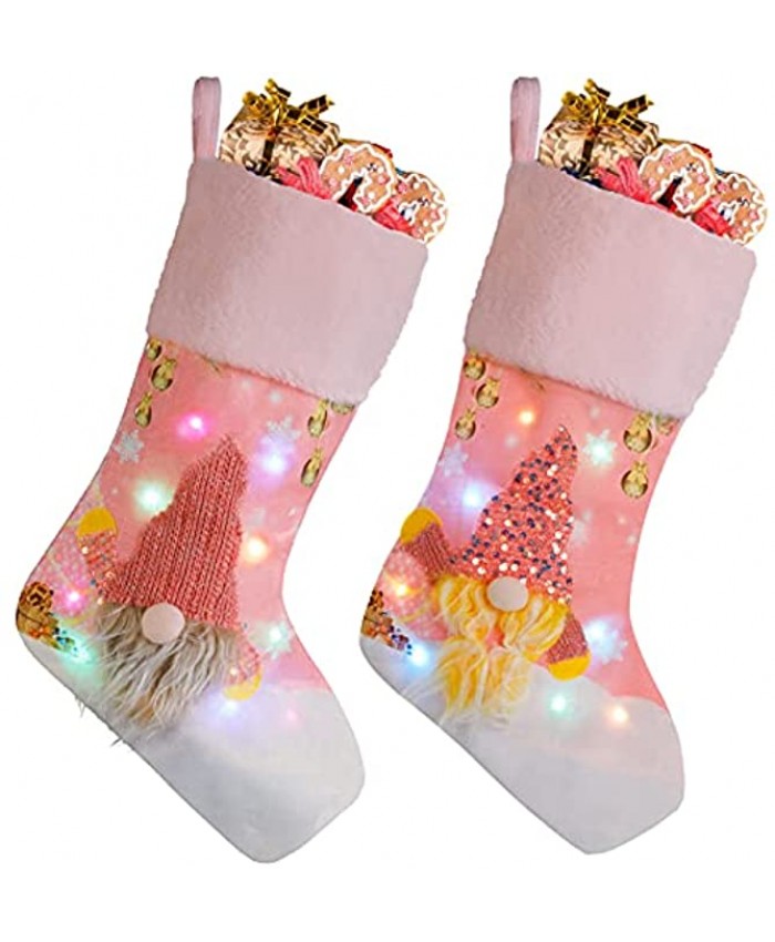 Coxeer 2 Pack LED Christmas Stockings Set 18.7 Pink Gnome Stocking Holders Light Fireplace Tree Hanging Ornament for Kids Family Decoration Xmas Holiday Party Decor