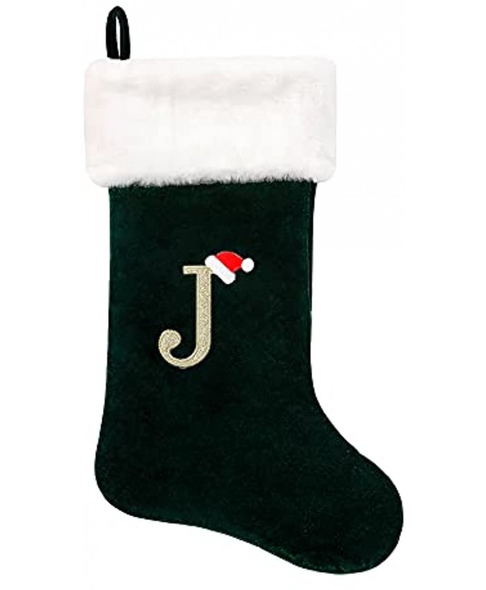 Eoocan 20 Inches Monogram Christmas Stockings Green Velvet with White Super Soft Plush Embroidered Xmas Stockings Classic Personalized Stocking Decorations for Family Holiday Season DecorLetter J