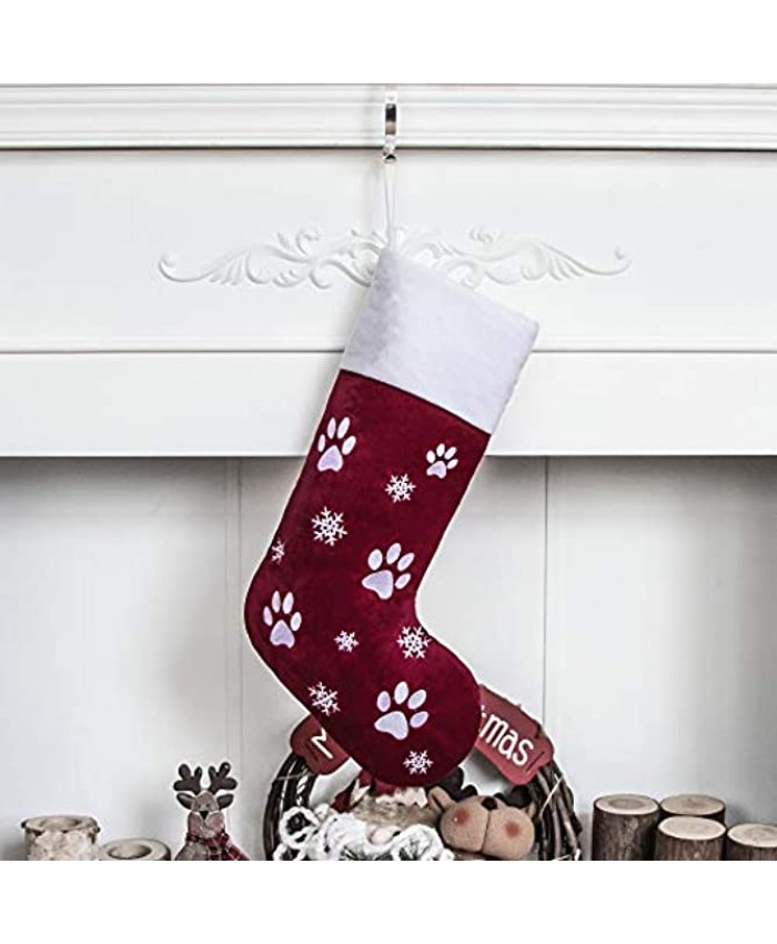 gexworldwide GEX Christmas Stockings for Dog Pet 22" Luxury Velvet Lovely Embroidery Pattern Family Decor Hanging Ornament for Xmas Holiday Party Decorations Paws Red