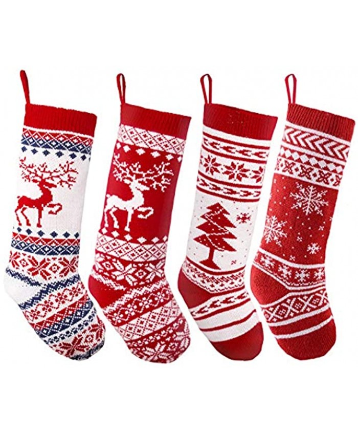 JOYIN 4 Pack 18” Knit Christmas Stockings Reindeer Christmas Tree Snow Flakes Knitted Stocking Decorations for Holiday Tree Decor