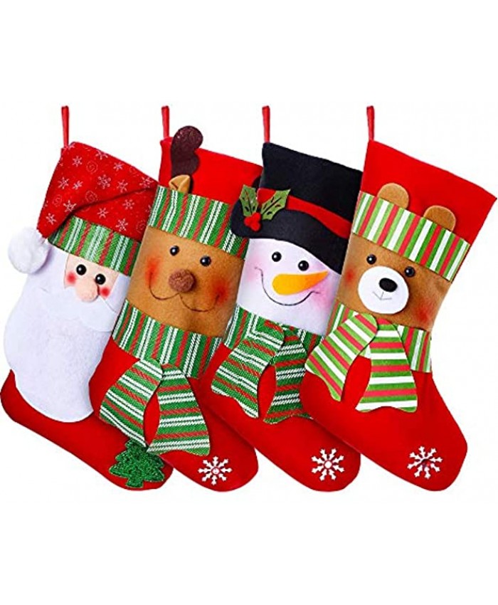 Lvydec 4 Pack Christmas Stockings 15" Large Size Xmas Stocking Set with Christmas Snowman Santa Reindeer Bear Fireplace Decoration Gift & Candy Pouch Bag Ornaments
