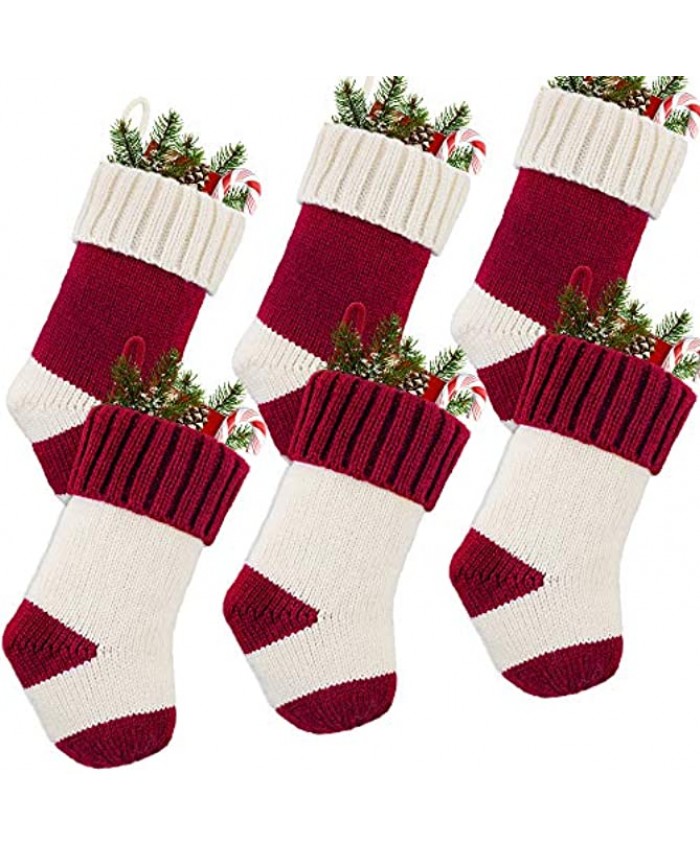 Meriwoods Mini Christmas Stockings 6 Pack 9 Inch Cable Knit Xmas Holiday Home Decorations Small Gift Bags for Family Kids Burgundy & Cream