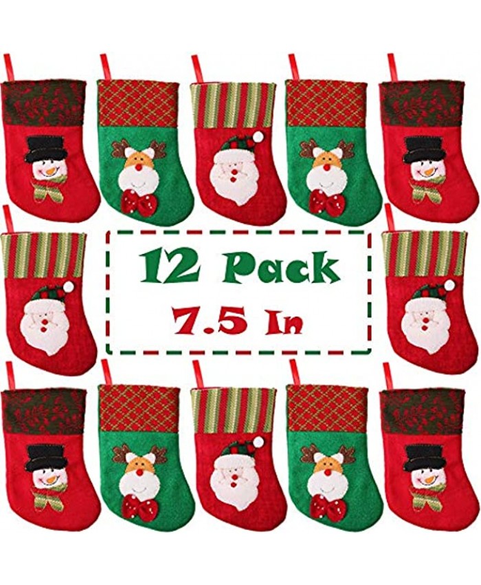 Partybus 7.5 Inch Mini Christmas Stockings 12 Pack 3D Small Embroidered Felt Xmas Tree Decorations Bulk Gift Card Holders Cash Bags Holiday Treats for Family Coworkers Neighbors Kids Dogs Cats
