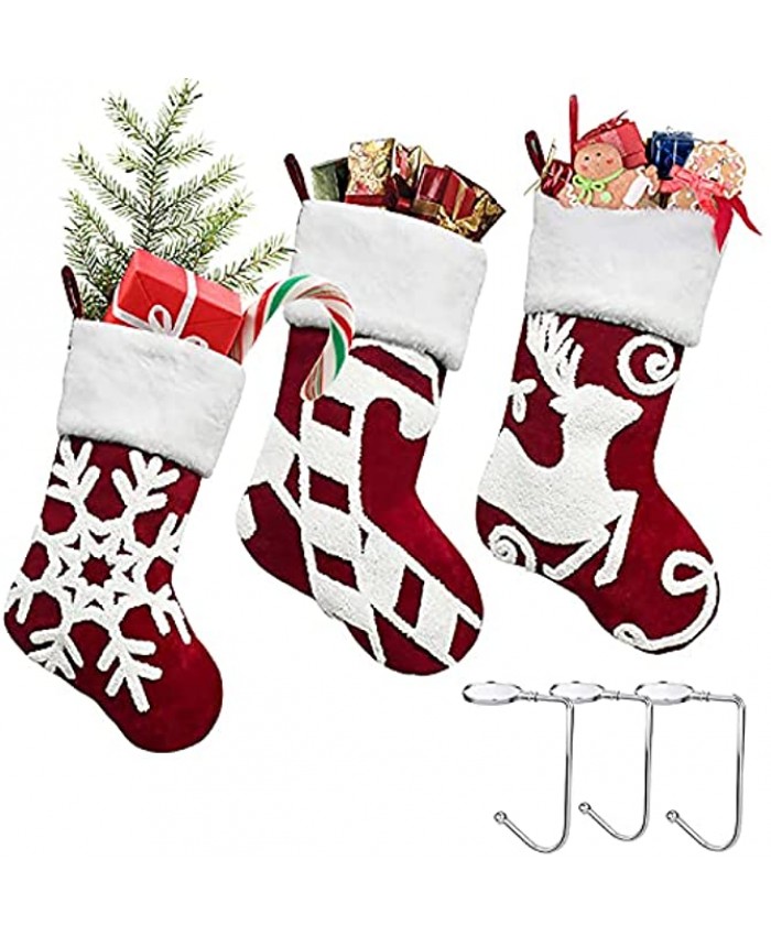 PLSFIT 3 Pack Christmas Stockings 18" Red Embroidery Large Fireplace Hanging Stockings Candy Gift Bags with 4 Pack Christmas Stockings Holders Non-Slip for Party Decor