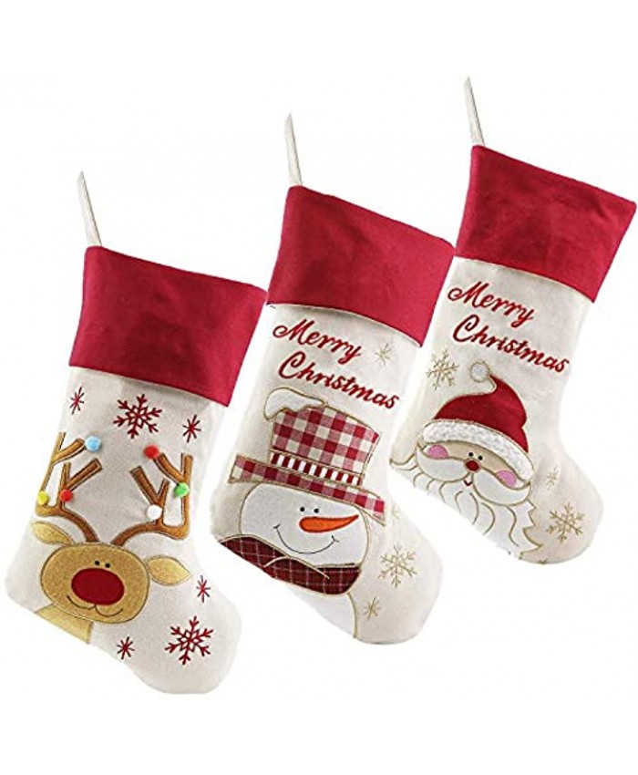 WEWILL Lovely Christmas Stockings Set of 3 Santa Snowman Reindeer Xmas Character 3D Plush Linen Hanging Tag Knit Border 1 Style1