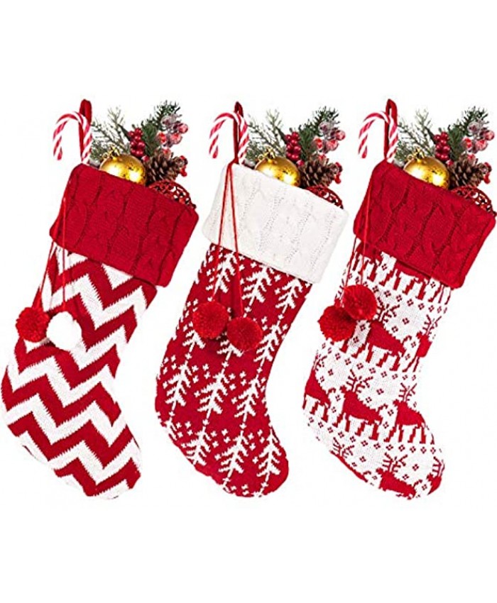 Whaline Knitted Christmas Stockings 3 Pack Large Size Xmas Hanging Stockings for Christmas Decorations and Family Holiday Season Decor White & Red