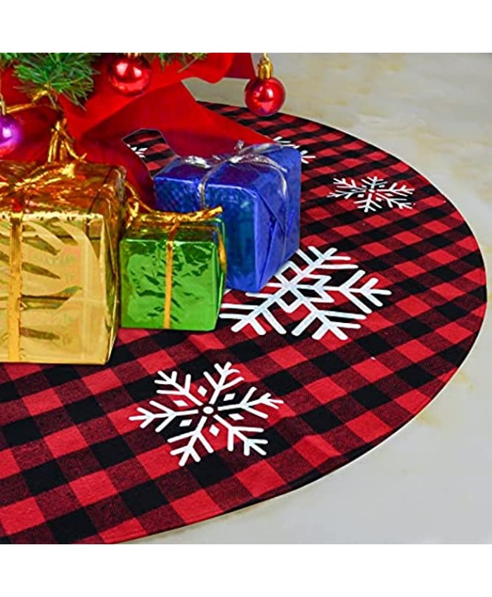 48'' Red and Black Buffalo Check Plaid Tree Skirt with Snowflake for Christmas Decor Xmas Tree Skirt Winter Decorations