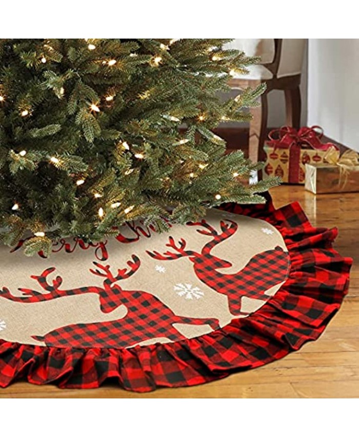 AerWo Christmas Tree Skirt 48 Inch Red and Black Buffalo Check Plaid Tree Skirt with Elk and Snowflake Double Layers Burlap Xmas Tree Skirt for Rustic Christmas Holiday Decorations
