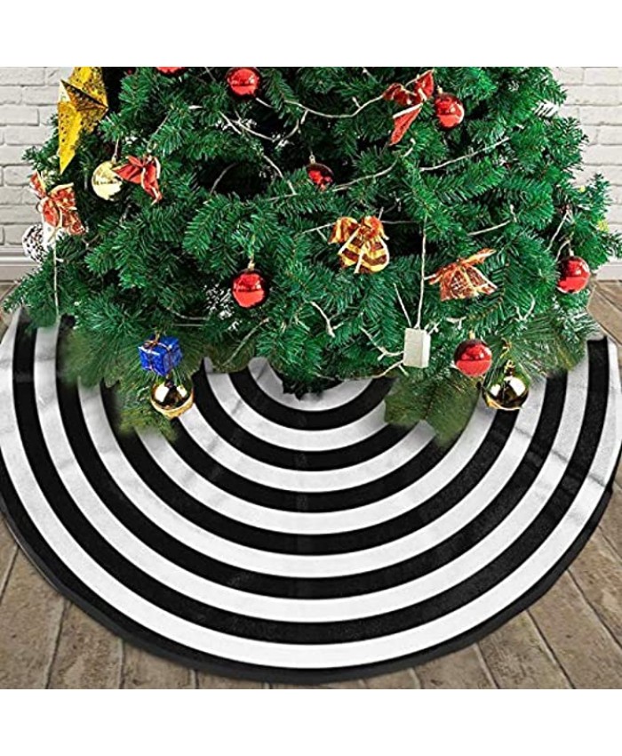 AHOOCUSTOM Small Black and White Christmas Tree Skirt 30 in Annual Rings Rustic Decorations Farmhouse for Merry Xmas Holiday Party Supplies Slim Tree Mat Wedding Decor Ornaments for Mini Table Top