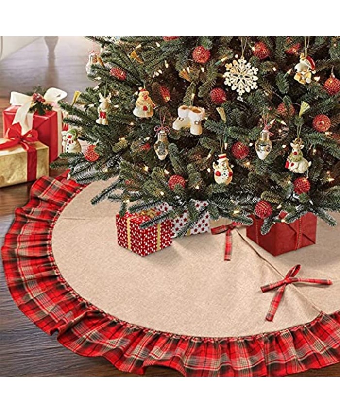 Aytai Christmas Tree Skirt 48 Inch Burlap Tree Skirt Rustic Red and Black Plaid Ruffle Tree Skirt for Holiday Party Buffalo Plaid Christmas Tree Decoration
