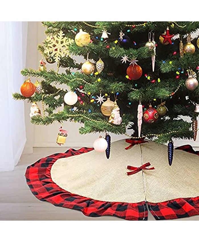 Christmas Tree Skirt 48 inch Burlap Christmas Holiday Decorations Rustic Xmas Tree Collar with Red Plaid
