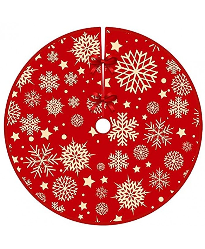 Christmas Tree Skirt 48 Inch Red with Snowflakes Xmas Tree Decorations Rustic Holiday Party Tree Collar Mat Plush DecorationMultiple Snowflakes