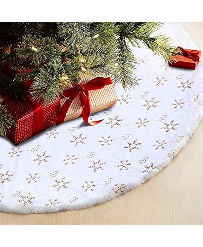 Christmas Tree Skirt 48 Inches Large Snowy White Faux Fur Tree Skirt with Golden Snowy Pattern for Christmas Decorations Indoor Outdoor