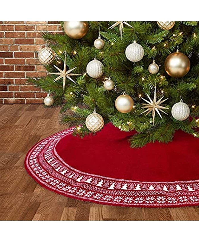 Dremisland Christmas Tree Skirt Knitted Snowflake and Xmas Tree Pattern Thick Heavy Yarn Knit for A Warm Xmas Holiday Decoration 36inch 90cm Red