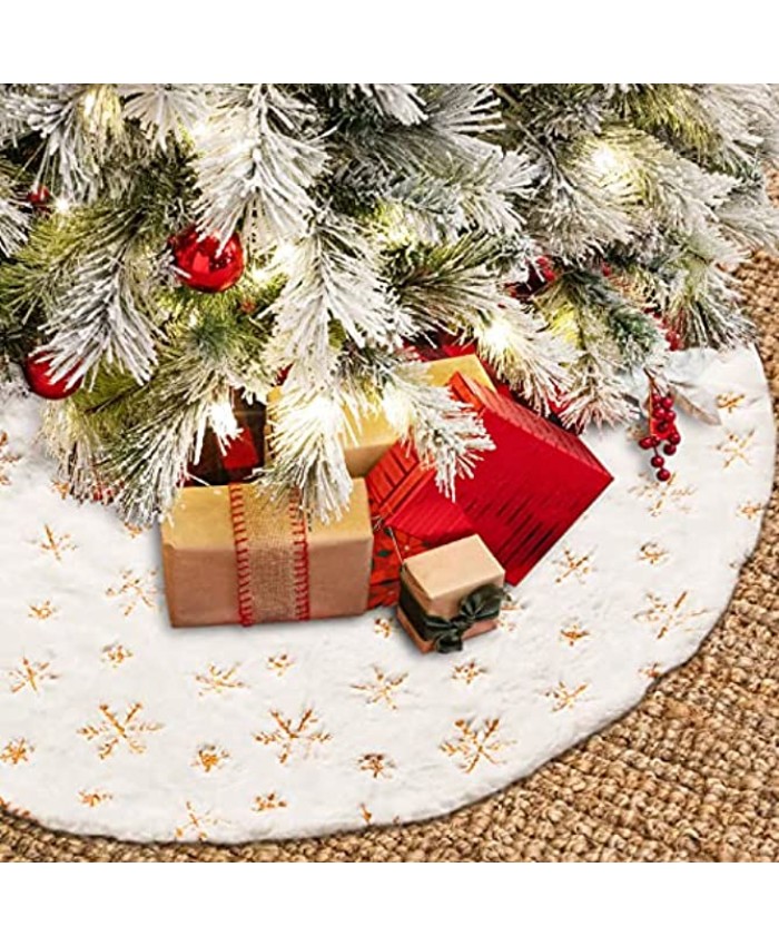 FengRise Christmas Tree Skirt Decorations 48 Inches White Faux Fur Gold Snowflake Tree Skirt Rustic Large Tree Xmas Ornaments for Christmas Party Holiday Home Decor Indoor Outdoor